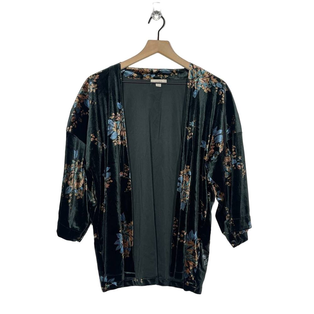 LOFT Kimono Top Women's One Size Green Floral‎ Velvet Open Front 3/4 Sleeve
